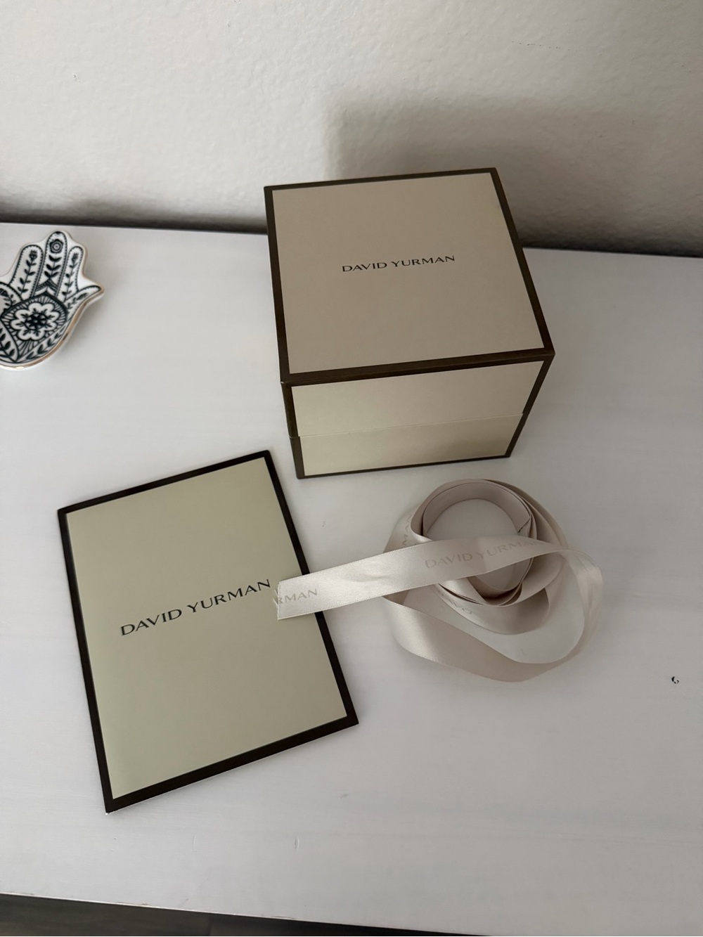 David Yurman Cream and Brown Branded Gift Box, Ribbon, and Card